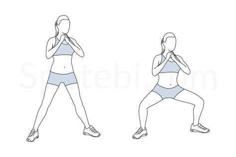 Sumo squat exercise guide with instructions, demonstration, calories burned and muscles worked. Learn proper form, discover all health benefits and choose a workout. Lunge Workout, Hip Flexor Exercises, 7 Minute Workout, Calories Burned, Basketball Workouts, Side Lunges, Sumo Squats, Squat Workout, Biceps And Triceps