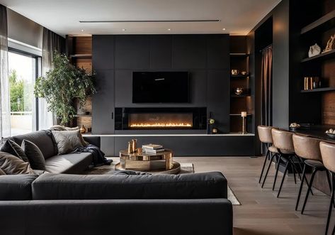 Great room ideas: 12 multifunctional yet stylish schemes | Dark Modern House Interiors, Moody Modern Living Room, Dark House Interior, Moody Room, Moody Interior Design, Dark Interior Design, Moody Living Room, Modern House Interior, Modern Home Interior Design