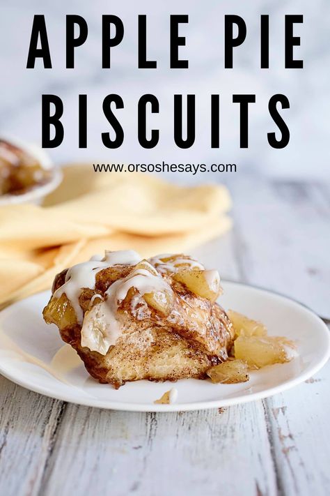 These Apple Pie Biscuits are heavenly! A definite crowd pleaser. #applepie #apples #pillsbury #fruitdessert Grands Biscuit Apple Recipes, Biscuit Desserts Easy, Apple Pie Filling Grands Biscuits, Apple Pie With Biscuits, Apple Pillsbury, Apple Biscuit Dessert, Philsbury Biscuit Recipes, Recipe With Canned Biscuits, Apple Biscuits Recipes