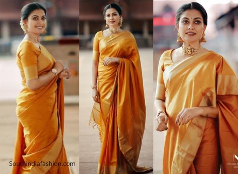 Actress Anusree Nair shines in a traditional look in a golden pattu saree while on her visit to Guruvayur Temple in Kerala Golden Pattu Saree, Gold Pattu Saree, Anusree Nair, Guruvayur Temple, Celebrity Photoshoots, Unique Sarees, Golden Saree, Bridal Sarees South Indian, Traditional Silk Saree