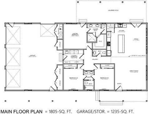 Ranch Style House Plan - 3 Beds 2.5 Baths 1805 Sq/Ft Plan #1084-6 - Floorplans.com 3 Bed 2.5 Bath Ranch Floor Plans, 3 Bed 2 Bath Ranch Floor Plans, 3bed 2.5 Bath House Plans, Simple Shop House Ideas, 3 Bed 3.5 Bath House Plans, 3 Bed 2 Bath Barndominium Floor Plans, 3 Bedroom Shop House Plans, 50x60 House Plans, Rectangle House Plans Open Floor