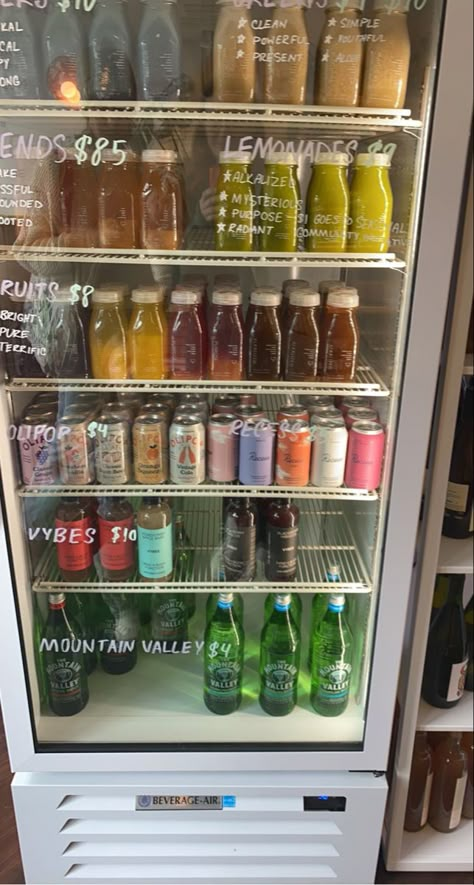 Fridge Aesthetic Drinks, Juice Shop Aesthetic, Drink Fridge Aesthetic, Smoothie Shop Interior, Coffee Shop Fridge, Juice Bar Aesthetic, Smoothie Shop Aesthetic, Inside Coffee Shop, Gym Fridge