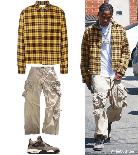 Rappers Style, Ralph Lauren Shirt Outfit, Check Shirt Outfit, Checked Shirt Outfit, Ralph Lauren Cargo Pants, Travis Scott Outfits, Checkered Outfit, Fits Fall, Baggy Jeans Outfit