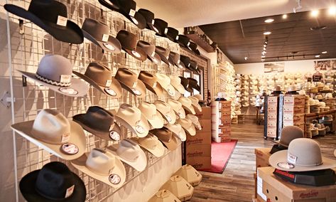 The Best Just Got Even Better! Check Out The Remodeled Best Hat Store! - COWGIRL Magazine Hat Boutique Display, Hat Stands Display, Hat Store Design, Fedoras Men, Hat Displays, Akubra Hats, Fashion Store Design, Fort Worth Stockyards, Hat Bar