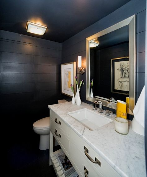 Navy Shiplap Walls with Navy Ceiling - Cottage - Bathroom Navy Ceiling, Navy Shiplap, Shiplap Bathroom Wall, Shiplap Paneling, Shiplap Ceiling, Shiplap Bathroom, Field House, Shiplap Walls, Small Toilet Room