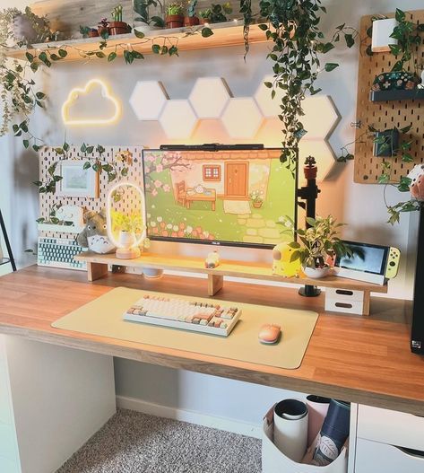 😍 I love it when you share your setups with my wallpapers, @cosythyme – you truly bring them to life! 📷 Here's a sneak peek at their adorable space, featuring the Cottagecore Spring pack. 💌 Want to invite spring into your home? You can shop the pack through the link in bio. 🌿 A big thank you to @cosythyme you have such a cozy setup! #viktojadesigns #cozy #cozysetup #cozydesksetup #cozygamer #cozygamingsetup #cozykorner #cozypcsetup #setup #pcgaming #pcsetup #cozyvibes #desk #desksetup... Cozy Gaming Desk Setup, Gamer Room Wallpaper, Cottagecore Desk Setup, Desk Must Haves, Cozy Pc Setup, Cozy Study Space, Cute Desk Setup, Desk Setup Gaming, Cozy Gaming Setup