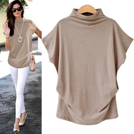 Product Description: This fashion blouse features a turtleneck, short sleeve. Elegance and simplicity is the focus on design, is a casual wear wild single items. Lightweight and non-elastic fabric. Loose fit silhouette. Size: XL.  Color: Beige.  Gender: female.  Age Group: adult.  Pattern: solid. Ruffle Blouse Designs, Grey Shirts Women, Women Turtleneck, Casual Turtleneck, Look Plus Size, Womens Turtleneck, Modieuze Outfits, Plus Size Kleidung, Top T Shirt