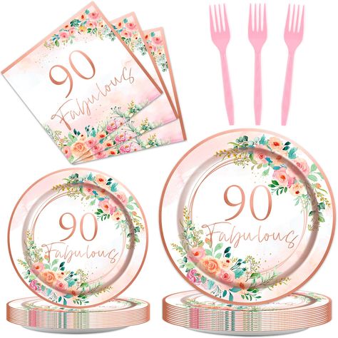 PRICES MAY VARY. 【90th Birthday Decorations for Women】Get ready for your 90th birthday party with this complete set of floral 90 fabulous party supplies! Each set includes 24 pieces floral 9'' plates, 24 pieces 90th birthday plates of 7'' plates, 24 90th party napkins of 6.5’’, and 24 plastic pink forks - everything you need to serve up to 24 guests in style. 【Premium Material】Our 90th birthday plates and napkins are made of high-quality paper that is non-toxic, odorless, heat-resistant, and dur 90th Birthday Party Ideas For Women Mom, 90th Birthday Party Ideas For Grandma Decorations, 90th Birthday Party Ideas For Grandma, 90th Birthday Party Ideas, 90th Birthday Centerpiece, 90th Birthday Party Decorations, 90th Birthday Decorations, Birthday Plates, Napkin Rose