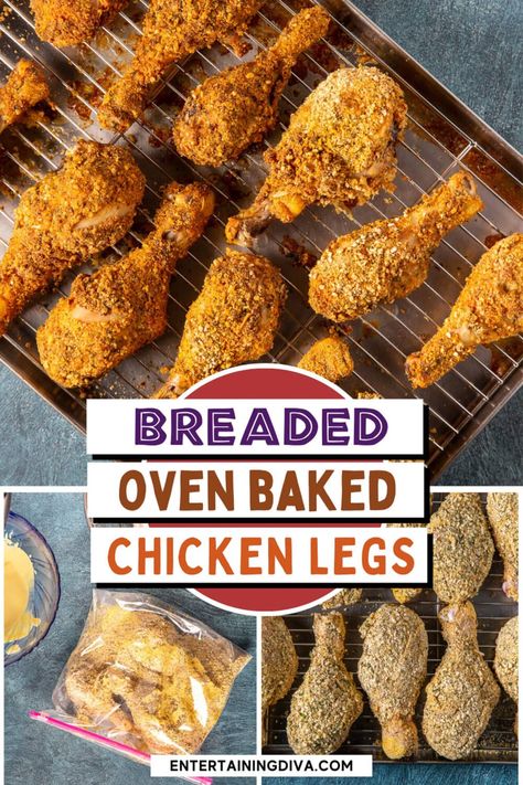 Easy to make - Oven Baked Breaded Chicken Legs - made with just a few ingredients for a delicious football party, game night or weeknight dinner. These chicken drumsticks seriously are the best I have ever tasted! Breaded Chicken Leg Recipes, Breaded Chicken Legs, Oven Baked Breaded Chicken, Chicken Leg Recipes Oven, Oven Fried Chicken Legs, Chicken Legs In Oven, Baked Panko Chicken, Oven Baked Chicken Legs, Chicken Drumsticks Recipe