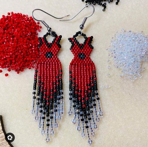 Red Dress Beaded Earrings, Mmiw Earrings, Red Dress Earrings, Beaded Red Dress, Fringed Earrings, Beading Earrings, Dress Earrings, Beaded Patterns, Native Crafts