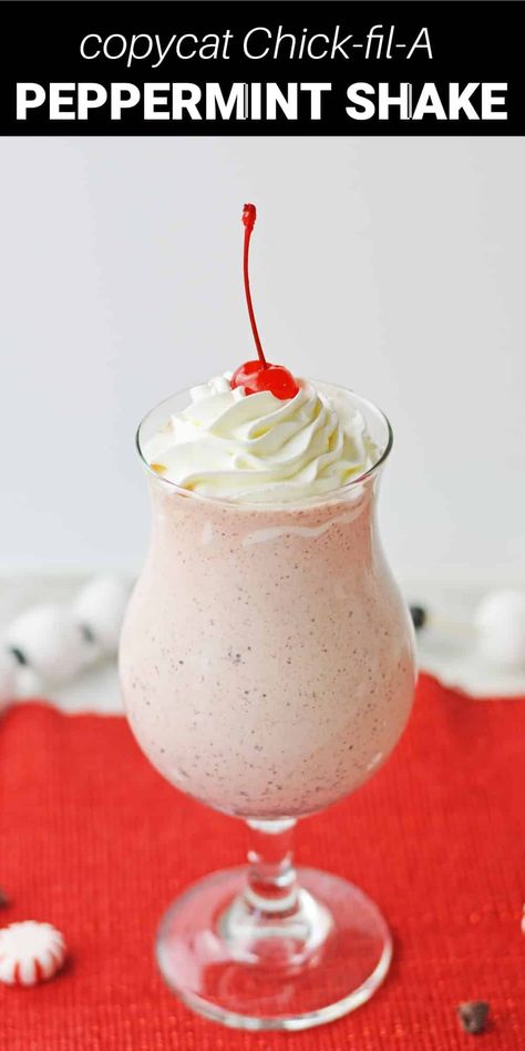 This copycat Chick-fil-A peppermint shake is a delicious treat, and a perfect stand in for the restaurant version that’s only available for a limited time around the holiday season. Rich and creamy vanilla ice cream is blended with cool peppermint extract, crushed candy canes, and sweet chocolate chips for a thick and delicious shake that you can make any time you want. Clean Simple Eats White Chocolate Peppermint Protein Shake, Peppermint Shake Chick Fil A, Peppermint Shake Recipe, Copycat Chick Fil A Peppermint Milkshake, Candy Cane Milkshake, Peppermint Milkshake Recipe, Peppermint Protein Shake, Peppermint Chip Milkshake, Copycat Drinks