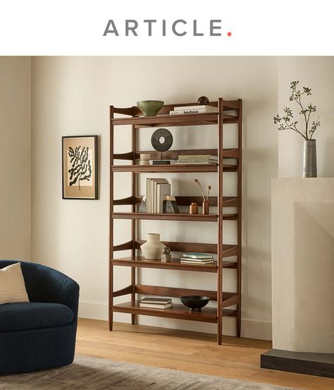 Hot tip: You don't actually have to have a large book collection to look well read. Let the Cotu do the heavy lifting for you. A total mid-century modern looker, it's like the scholar of bookcases, minus the whole degree thing. Made of solid and veneered walnut wood, the Cotu supports your book collection in whatever stage it's at, plus your decorative vases will look just as studious up there. Museum Bookstore Interior Design Style, Bookshelf Design Modern, Midcentury Modern Bookshelf, Mcm Bookshelf, Modern Bookshelf Styling, Retro Bookcase, Modern Bookcase Design, Mid Century Modern Hutch, Mid Century Modern Living Room Design