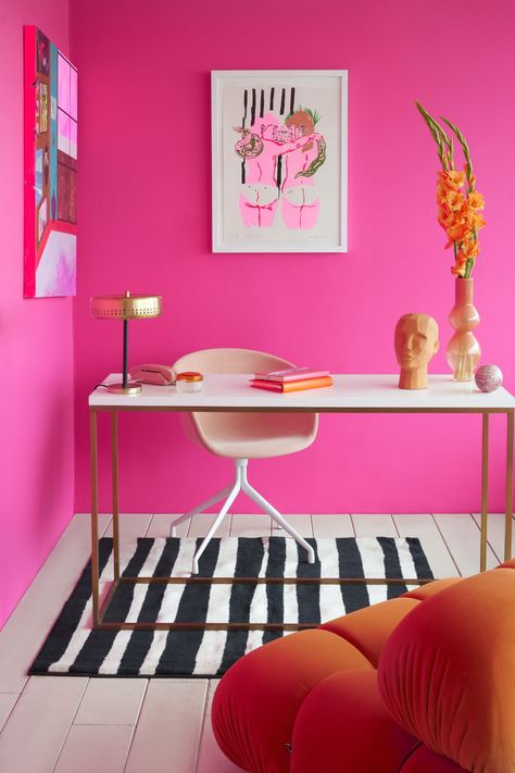 FTT-006™ – Dark Pink Bold Pink Aesthetic, Barbiecore Interior, Hot Pink Room, Hot Pink Throw Pillows, Pink Painted Walls, Pink Accent Walls, Hot Pink Walls, Pink Furniture, Pink Office