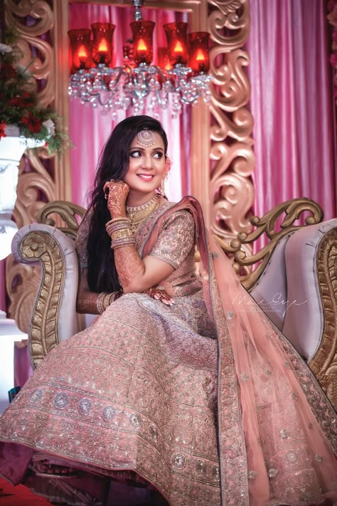 Photo of dusty pink lehenga with sequin work for engagement Bride Portrait Photography Poses, Engagement Poses For Bride, Engagement Bride Poses, Bride Shoot Poses, Engagement Bride Indian, Dusty Pink Lehenga, Engagement Looks For Indian Bride, Lehenga Punjabi, Engagement Stage