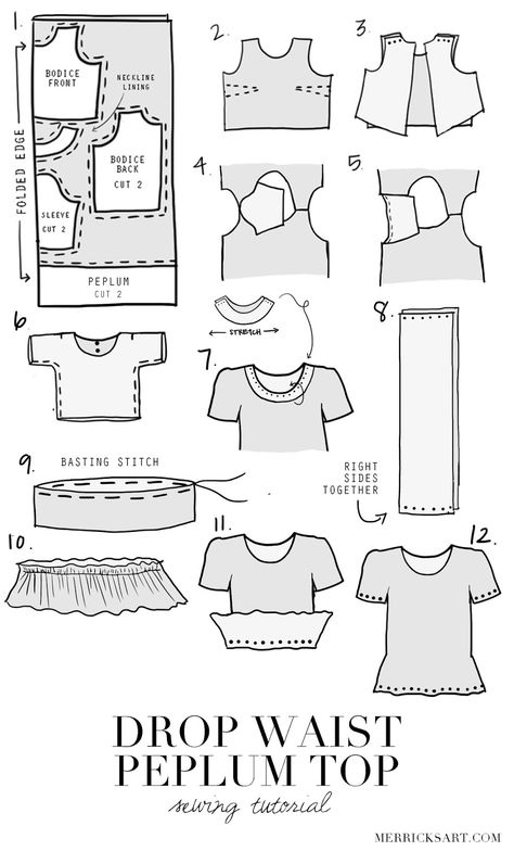 Merrick's Art // Style + Sewing for the Everyday Girl: DIY FRIDAY: GINGHAM DROP WAIST PEPLUM TOP tutorial and pattern Free Long Sleeve Shirt Patterns, Long Sleeve Pattern Sewing, How To Make A Shirt, Long Sleeve Shirt Pattern, Birthday Fabric, Sewing Top, Fabric Shopping, Sewing Tops, Sew Ins