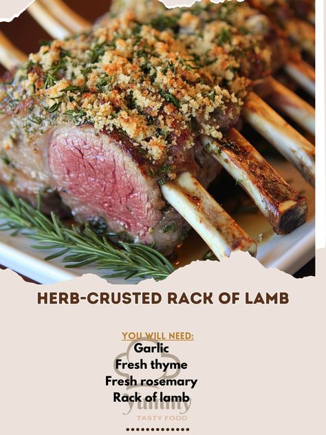 Elevate your dinner with this tender Herb-Crusted Rack of Lamb! 🐑🌿 A perfect dish for special occasions! 😋🍷" Herb-Crusted Rack of Lamb Ingredients: Rack of lamb (1, about 8 ribs) Fresh rosemary (2 tbsp, chopped) Fresh thyme (2 tbsp, chopped) Garlic (3 cloves, minced) Dijon mustard (2 tbsp) Olive oil (2 tbsp) Breadcrumbs (½ cup) Salt (to taste) Black pepper (to taste) Instructions: Preheat oven to 400°F (200°C). Season lamb with salt and pepper. In a bowl, mix rosemary, thyme, garlic, must... Rack Of Lamb Recipes, Lamb Recipes Oven, Lamb Rack Recipe, Lamb Rack, Crusted Rack Of Lamb, Cozy Fall Recipes, Lamb Chop Recipes, Rosemary Garlic, Rack Of Lamb