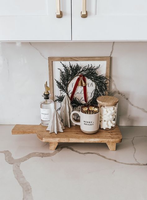 Christmas Kitchen Decor Modern, Kitchen Corner Christmas Decor, Christmas Kitchen Corner Decor, Coffee Bar Ideas For Christmas, Christmas Counter Decorations, Apartment Kitchen Christmas Decor, Christmas Coffee Corner, Coffee Station Christmas Decor, Christmas Coffee Decor