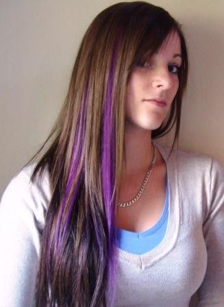 Purple Hair Streaks, Purple Streaks, Brazilian Human Hair Extensions, Peekaboo Highlights, Hair Streaks, Hair Color Purple, Zooey Deschanel, Peruvian Hair, Brazilian Human Hair