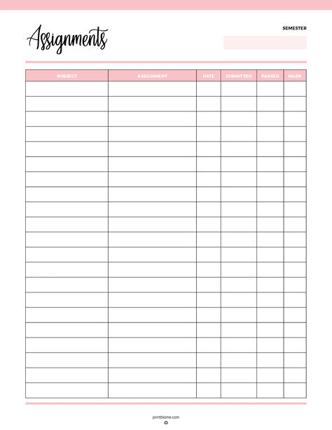 A printable school assessment tracker featuring columns for subject, assignment, due date, submission date, pass/fail status, and marks to track academic progress. Assignment Tracker Template, Assessment Tracker, Assignment Tracker, Homework Tracker, Grade Three, Printable School, Student Planner Printable, Tracker Free, Due Date