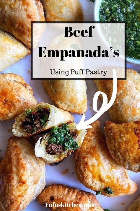 Flavorful beef stuffed in flaky puff pastry served with a delicious chimichurri! Can’t get better than that. You got to try it out! #empanadas #cincodemayo #beeffoodrecipes #easyrecipe #puffpastry Empanada Puff Pastry, Puff Pastry Beef Patties, Empanadas Recipe With Puff Pastry, Savory Stuffed Puff Pastry, Stuffed Pastry Savory, Recipes Using Puff Pastry Dinners, Pastry Dough Dinner Ideas, Beef And Puff Pastry Recipes, Steak Puff Pastry Recipes