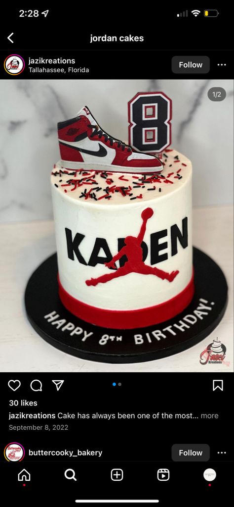 Sneaker Cake Ideas Air Jordans, Jordan Decorations Birthday Parties, Nike Jordan Cake Birthday, Jordan 1 Birthday Cake, Sneaker Theme Cake, Michael Jordan Birthday Cake, Jordans Birthday Theme, Cake For 12 Year Boy, Jordan Year Birthday Cake