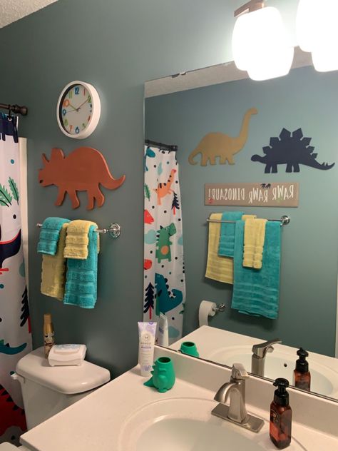 Dino, Dinosaurs, Kids Bathroom Dino Themed Bathroom, Diy Dinosaur Bathroom Decor, Dinosaur Theme Bathroom, Boy And Girl Bathroom Ideas For Kids, Dino Bathroom Decor, Small Kid Bathroom Ideas, Dino Bathroom Ideas, Dinosaur Themed Bathroom, Dinosaur Bathroom Decor