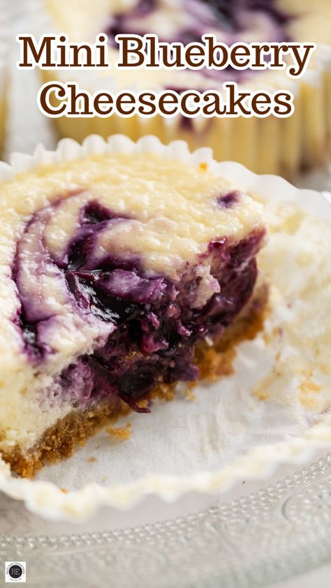 Loaded with blueberries, these Mini Blueberry Cheesecakes are just the right size for a bite of something sweet! Blueberry Cheesecake Recipes, Blueberry Cheesecake Cupcakes, Sour Cream Uses, Blueberry Cheesecake Recipe, Blueberry Topping, Blueberry Sauce, Classic Cheesecake, Blueberry Cream Cheese, Cheesecake Bites