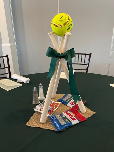 Softball Center Pieces Banquet Dugout Decorations Softball, Softball Party Centerpiece, Softball Table Decorations, Softball Banquet Decorations, Softball Table Centerpieces, Softball Centerpieces Banquet, Softball Senior Night Table Ideas, Softball Graduation Party Ideas, Softball Centerpieces Table Decorations