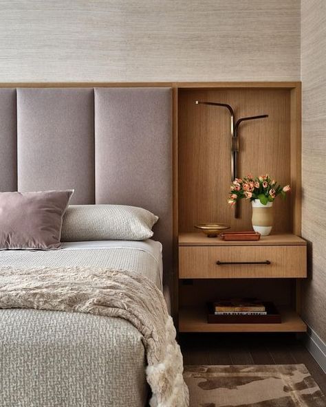 This high-rise, primary suite is an ideal hideaway from the city below, with its warm wood tones and blush wool velvet headboard… | Instagram Headboard With Floating Nightstands, L Bed, Custom Upholstered Headboard, Floating Nightstands, Boston Interiors, Ombre Wallpapers, Warm Wood Tones, Marble Showers, Velvet Headboard