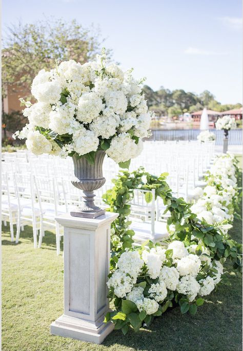 Boho Greenery Wedding Arch, Ground Florals Wedding Aisle, Ceremony Vase Arrangements, Large White Centerpiece Wedding, Timeless Wedding Floral Arrangements, Urn Floral Arrangements Wedding, Hydrangea White Wedding, Wedding Ceremony Urns, Wedding Flowers In Urn