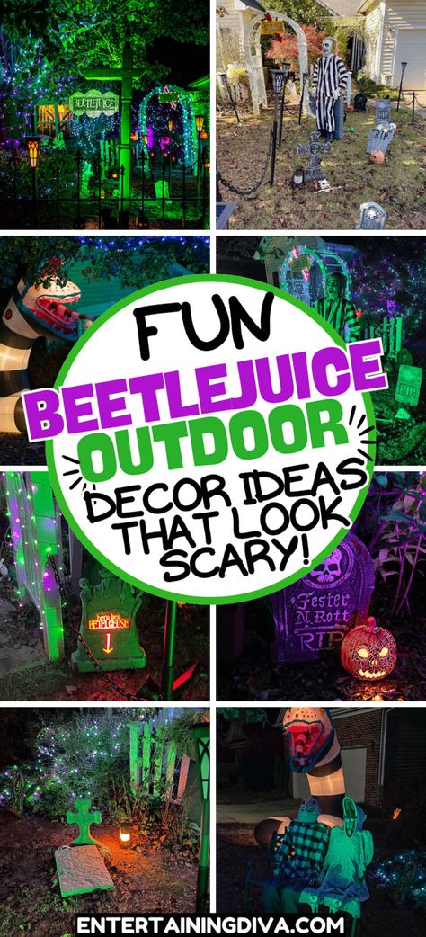 Beetlejuice Outdoor Decor Ideas For Your Halloween Yard Harry Potter Themed Halloween Decor Outdoor, Movie Theme Halloween Decorations, Beetlejuice Front Yard Decor, Beetlejuice Skeleton Display, Halloween Movie Outdoor Decor, Beatle Juice Trunk Or Treat, Betelgeuse Halloween Decorations, Beatle Juice Decoration, Whimsical Halloween Decorations