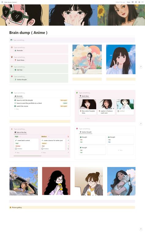 Do you need help to keep up with so many dates and useless thoughts? This Notion template is for you. Use brain dump for a better mind. Notion Brain Dump, Notion Brain Dump Template, Anime Notion Template, Notion Anime, Virtual Journal, Brain Dump Template, Notion Inspiration, Notion Inspo, Notion Ideas