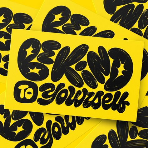 Be kind to yourself | lettering, hand lettering, scrip lettering, fun lettering Cute Text Stickers, Hand Typography Lettering, Hand Drawn Type Logo, Hand Drawn Type Poster, Water Lettering, Cute Hand Lettering, Handlettered Logo, Painted Typography, Expressive Lettering