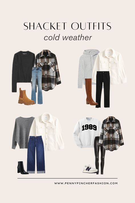 shirt jacket outfit ideas, what is a shacket and how to style one Winter Shacket Outfit, Shackets For Women Outfit Fall, Jean Shacket Outfit Women, Womens Shacket Outfit, How To Wear A Shacket, Shaket Jacket Outfit Fall, How To Style A Shacket, Green Shacket Outfit, Shaket Jacket Outfit