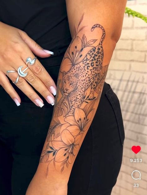 Lion Feminine Tattoo, Female Jaguar Tattoo, Big Lion Tattoos For Women, Lawyer With Tattoos, Women Leopard Tattoo, Flowers And Leopard Print Tattoo, Tattoo Ideas Female Big Arm, Both Legs Tattoos For Women, Women’s Quarter Sleeve Tattoo Ideas