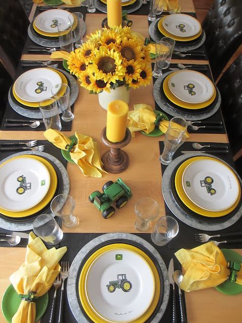 The Welcomed Guest: John Deere Tractor Tablescape Tractor Table, Tractors For Kids, Black Charger, Black Flatware, Lots Of Food, Horse Races, John Deere Tractor, Tractor Pulling, Craft Display