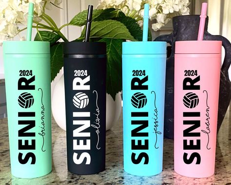 The volleyball tumbler comes personalized with your name and year of choice, makes the perfect gift for the team or individual volleyball player! Great surprise Volleyball Senior Night Gift! Choose your tumbler color, name, and date of choice. All tumblers come in black ink. The black tumbler comes in white ink. If ordering more than 20 message us! We use High Quality Sublimation equipment which gives you a print that will last. Unlike vinyl stickers this WILL NOT peel, for longer lasting result Girls Volleyball Senior Night Gift Ideas, Senior Night Gift Ideas Volleyball, Senior Volleyball Gifts, Volleyball Senior Night Gifts, Night Volleyball, Senior Volleyball, Volleyball Senior Night, Senior Night Gifts, Black Tumbler