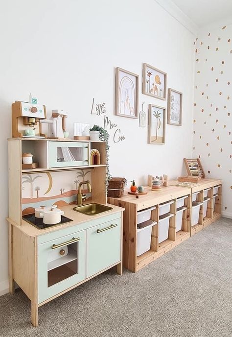 Kids Ikea Hack Playrooms, Playroom Ideas Ikea Trofast, Natural Wood Playroom, Toddler Rooms Ikea, Living Room Montessori Corner, Tiny Play Area, Baby Daycare Room Decor, Toddler Playroom Ideas Girl, Girls Montessori Bedroom