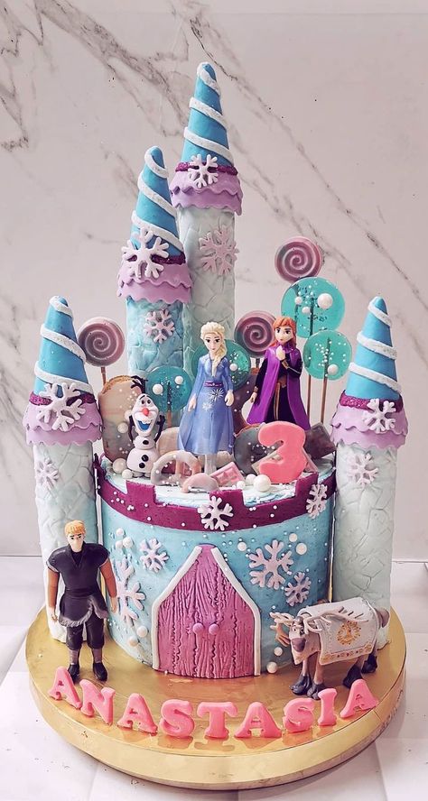 Cake Decor Ideas Birthday, Frozen Rainbow Cake, Rainbow Elsa Cake, Small Elsa Cake, Triplet Birthday Cake, Frozen Fall Birthday Party, Frozen Cakes Ideas, Frozen Cake Designs For Girl, Girls Birthday Cakes Ideas