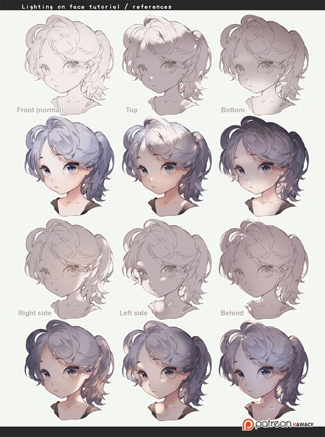 Hair Lighting Drawing, Kawacy Art Tutorial, Hair Coloring Reference, How To Shade White Hair Digital, Kawacy Tutorials, How To Color Backgrounds, How To Color Anime Hair, Hair Shading Tutorial Digital, Hair Color Tutorial Digital