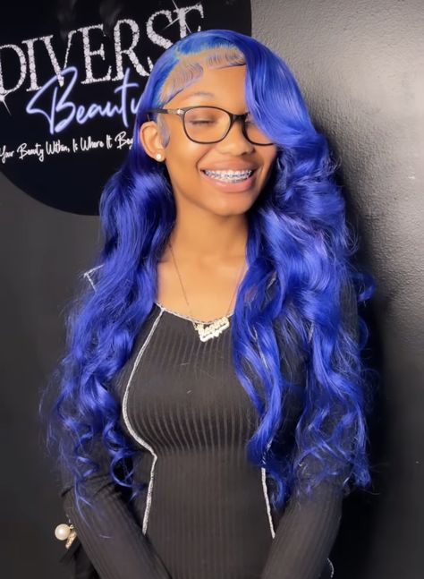 Lace Front Two Ponytails, Lace Wigs Color, Blue And Green Natural Hair, Lace Front Colored Wigs, Colored Wigs Black Women, Frontal Wig Colors, Color Lace Front Wigs Black Women, Dark Skin Colored Hair, Blue Wig Hairstyles