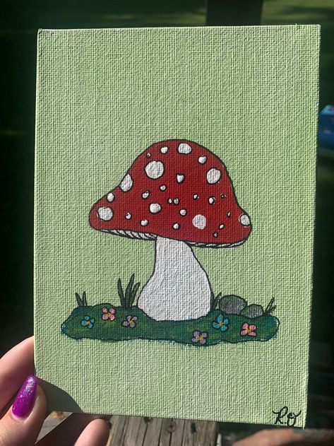 Canvas Painting Ideas Mushrooms, Mushroom Painting Easy, Paintings Mini Canvas, Mushroom Canvas Painting, Sulu Boya Çalışmaları, Painting Ideas For Home Decor, Painting Ideas For Home, Cottagecore Painting, Mushroom Canvas