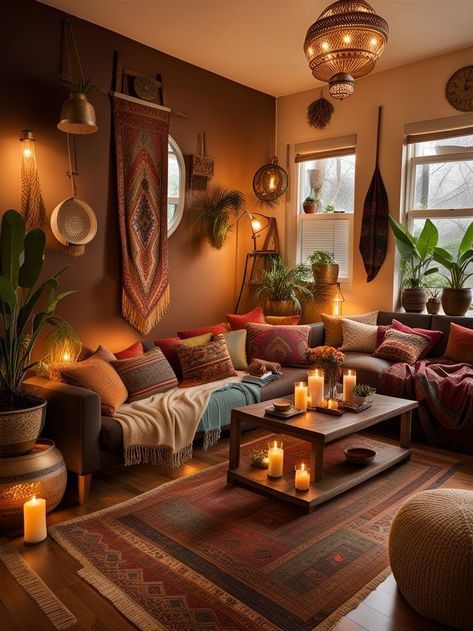 Earthy Living Room, Bohemian Living Room Decor, Home Decor Ideas Bedroom, Earthy Hues, Cozy Boho, Boho Living Room Decor, Fantasy Homes, Decor Ideas Bedroom, Bohemian Living Room