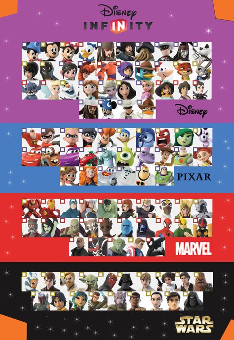 Disney Infinity 3.0 Character checklist Version 2 by darkmudkip6 Sorcerer Apprentice, Black Suit Spiderman, Character Checklist, Captain Barbossa, Disney Movie Marathon, Disney Infinity Characters, Disney Infinity Figures, Lighting Mcqueen, Marvel Cards