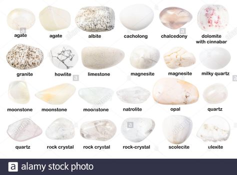 Crystal Collection Display, Crystal Types, White Gemstones, Crystal Seashells, Crystal Names, Gem Names, Types Of Crystals, Moonstone Crystal, White Moonstone