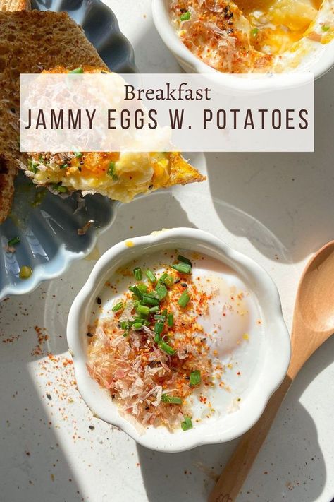 Jammy Eggs Breakfast, Eggs With Potatoes, Soft Eggs, Jammy Eggs, Creamy Potatoes, Bonito Flakes, Soft Egg, Brunch Eggs, Sweet Potato Breakfast