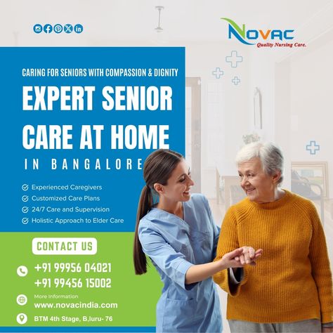 Caring for Seniors with Compassion and Dignity—Expert Senior Care at Home in Bangalore 🏡 At Novac Homecare, we provide specialized senior care services that ensure your elderly loved ones receive the respect, attention, and personalized care they deserve—all in the comfort of their own home. Our skilled caregivers assist with daily activities, medication management, mobility support, and companionship, giving your family peace of mind. With our 24/7 senior care services in Bangalore, your lo... Family Peace, Medication Management, Nursing Care, Senior Care, Elderly Care, Care Plans, Holistic Approach, Caregiver, Daily Activities