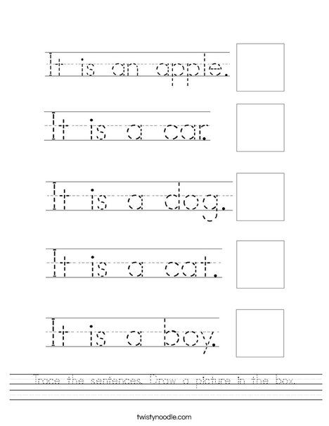 Trace the sentences Draw a picture in the box Worksheet - Twisty Noodle Trace And Write Sentences, Tracing Sentences Worksheets, Teaching Vowels, Handwriting Worksheets For Kids, Making Sentences, Kindergarten Writing Prompts, Sequencing Worksheets, Twisty Noodle, Writing Practice Worksheets