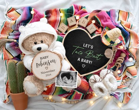 Cinco de Mayo Pregnancy Announcement Digital Reveal Social Media, Mexican Baby Announcement Digital Teddy Bear Heart, Lets Taco Bout A Baby Taco Bout A Baby, Baby Announcement Digital, Baby Due Date Calendar, Mexican Babies, Baby Due Date, Baby Calendar, Baby Announcement Photos, Reveal Ideas, Baby Reveal