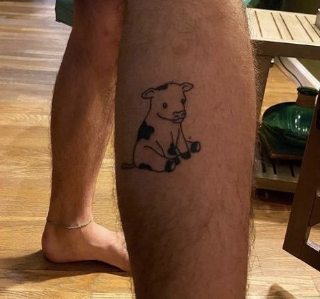 Cow In A Sweater Tattoo, Calf On Calf Tattoo, Calf Animal Tattoo, Cow Cartoon Tattoo, Cow Tattoo Ideas For Women, Cow Tattoo Men, Fluffy Cow Tattoo Small, Brown Cow Tattoo, Fuzzy Cow Tattoo